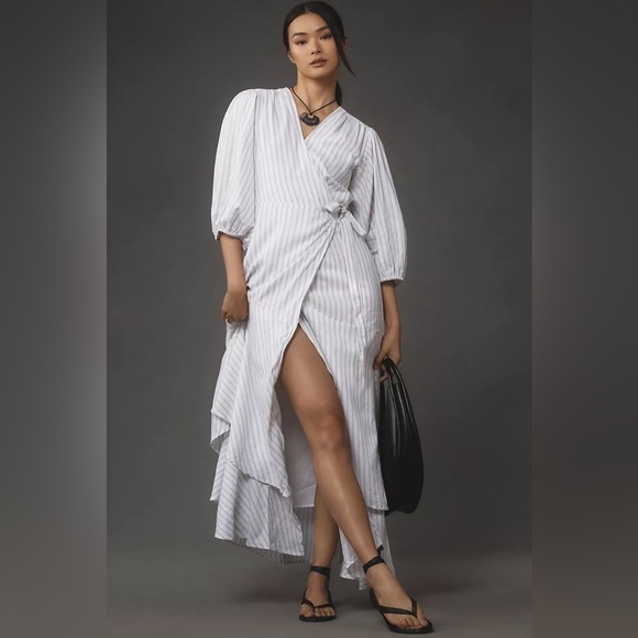 Maeve Asymmetrical Tiered Linen Wrap Dress - Picture 1 of 6